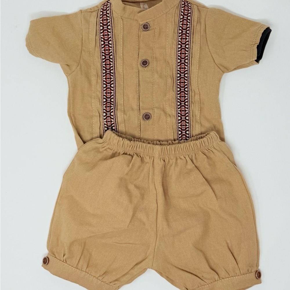 Tan Baby Boy Mexican Guayabera Romper with Embroidered Suspenders